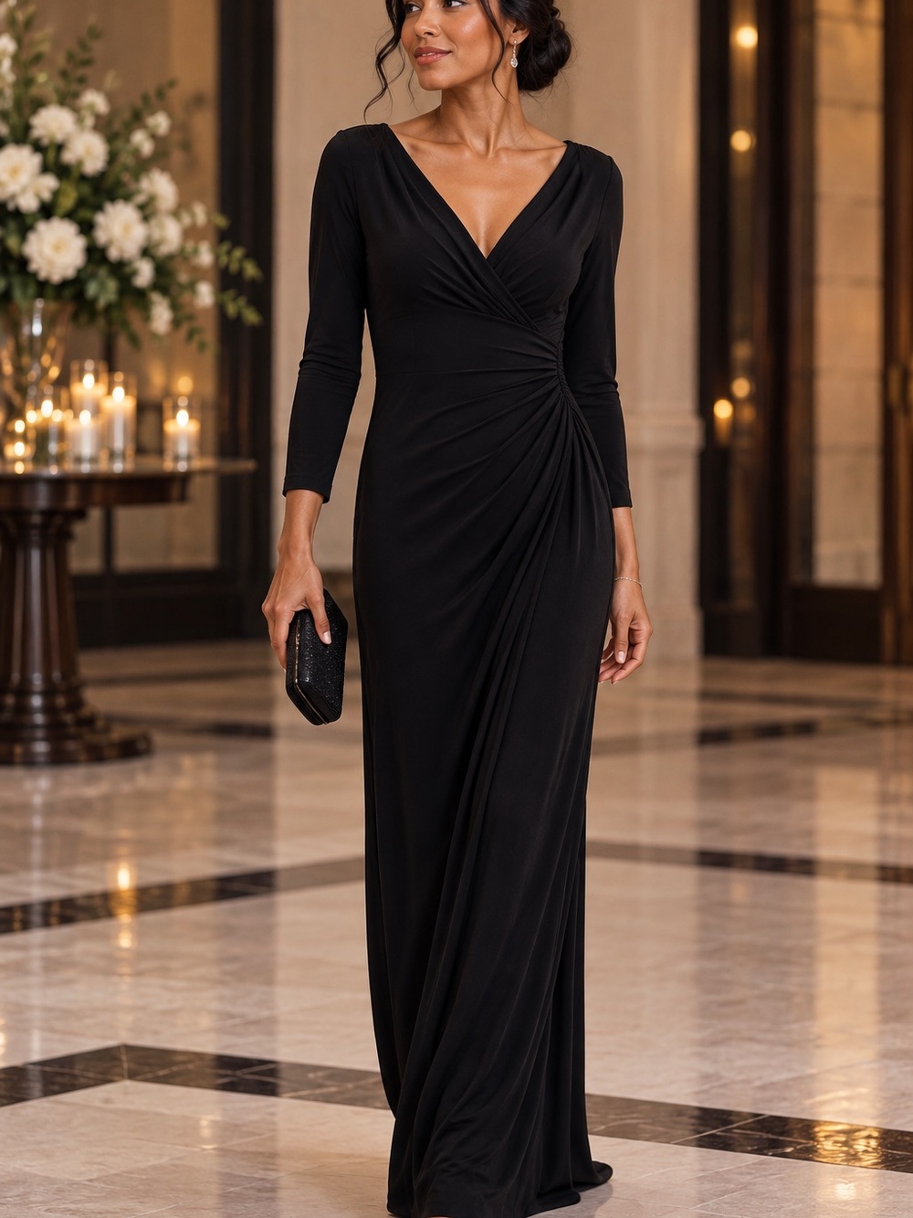 🖤MAKE OFFER🖤 Lauren Ralph Lauren Evening Black Ruched V-Neck Maxi Dress Sz 6